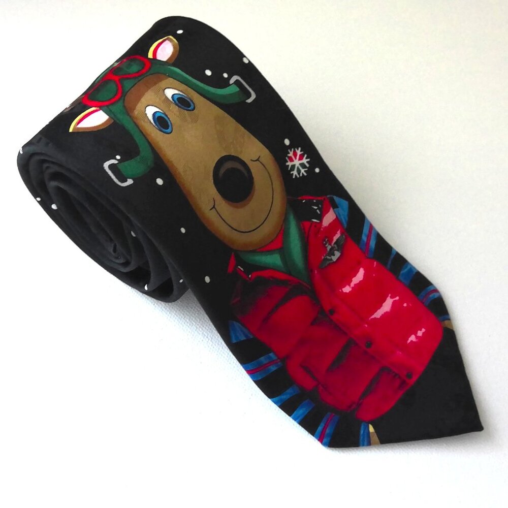 Hallmark Men's Neck Tie Yule Tie Greetings Reindeer & Christmas Lights EUC